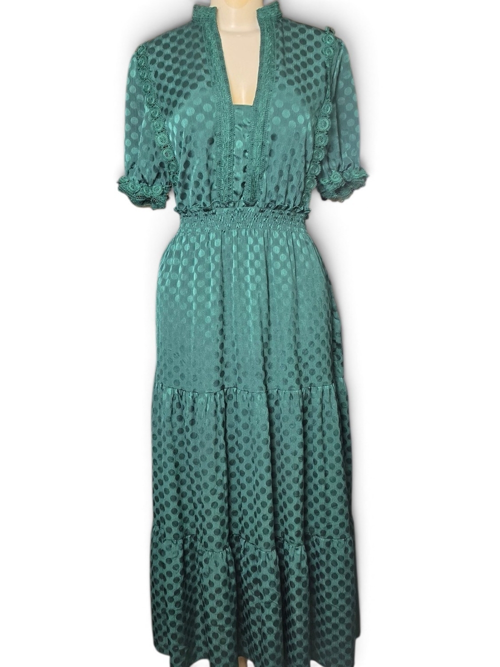 Max Studio Green Polka Dot Maxi Dress Crochet Lace Tiered Boho Cottagecore L